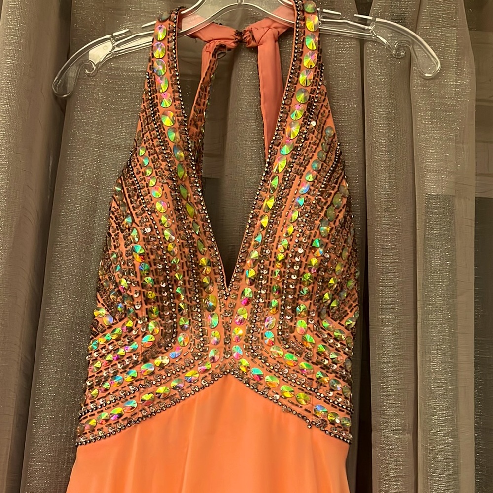 Morrell Maxie sleeveless Elegant Orange Halter with Crystal Embellishment Dress